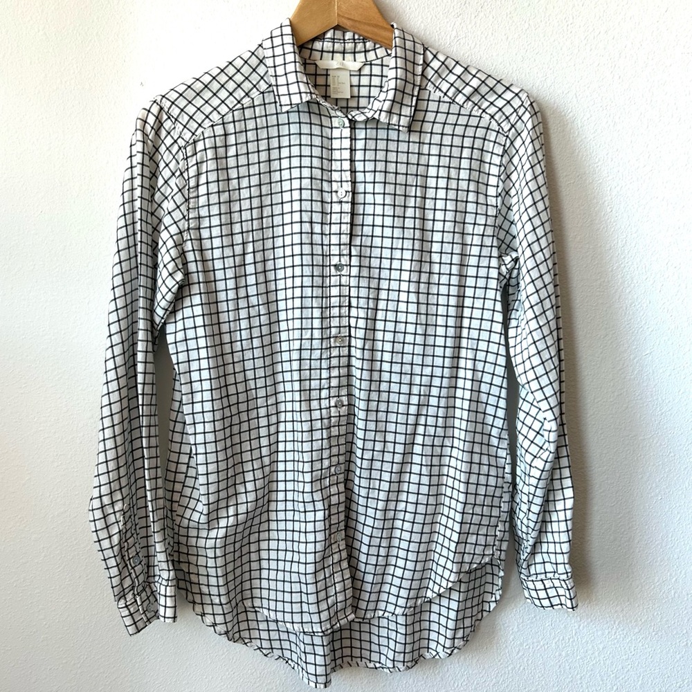H&M Checked Grid Button Down Long Sleeve Blouse Shirt